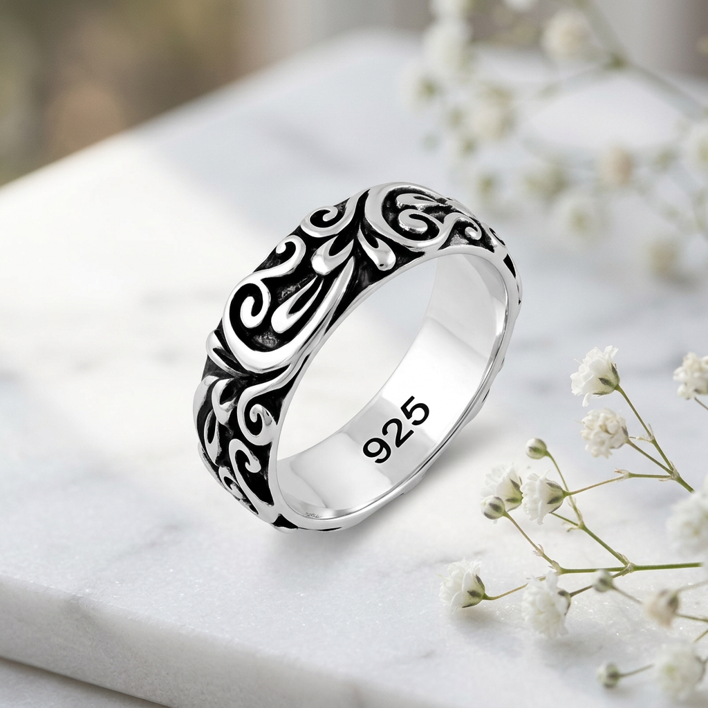 Sterling Silver 5.9mm Oxidized Raised Floral Scroll Band Ring for Women life1