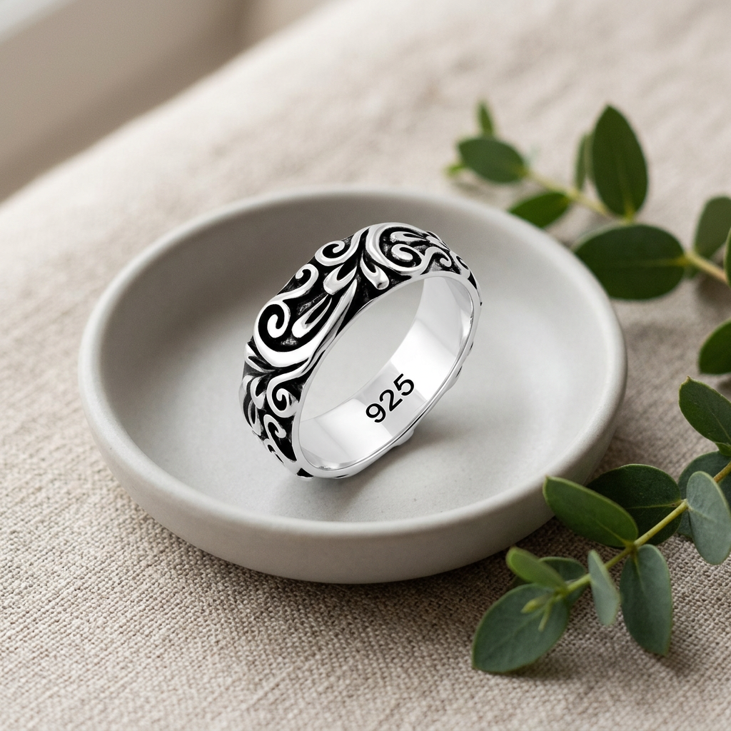 Sterling Silver 5.9mm Oxidized Raised Floral Scroll Band Ring for Women life2