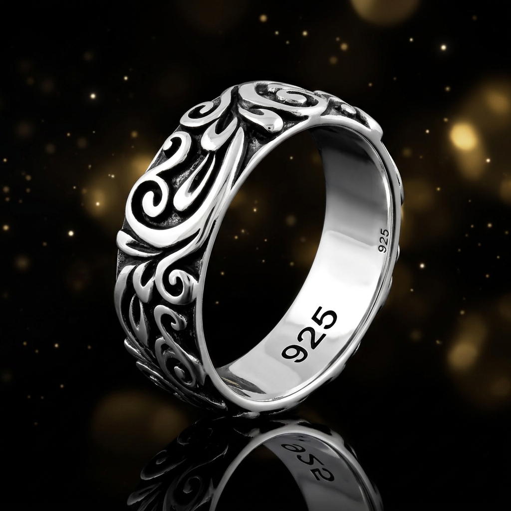 Sterling Silver 5.9mm Oxidized Raised Floral Scroll Band Ring for Women life4