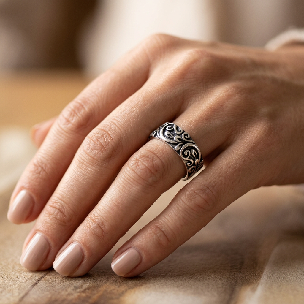 Sterling Silver 5.9mm Oxidized Raised Floral Scroll Band Ring for Women model