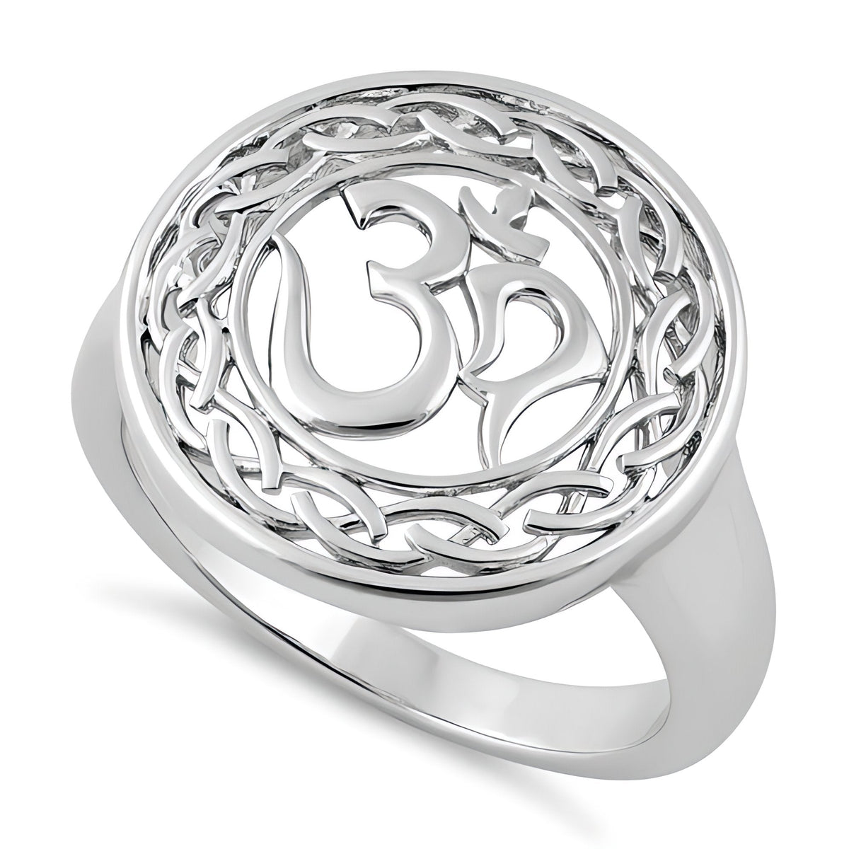 Sterling Silver Om Symbol Celtic Braid Border Round Openwork Ring for Women