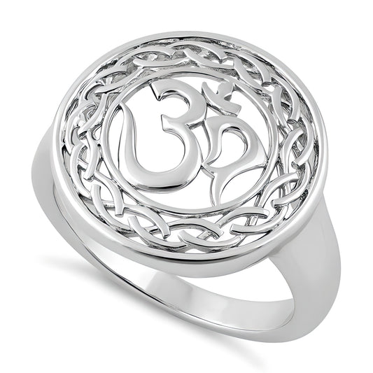 Sterling Silver Om Symbol Celtic Braid Border Round Openwork Ring for Women