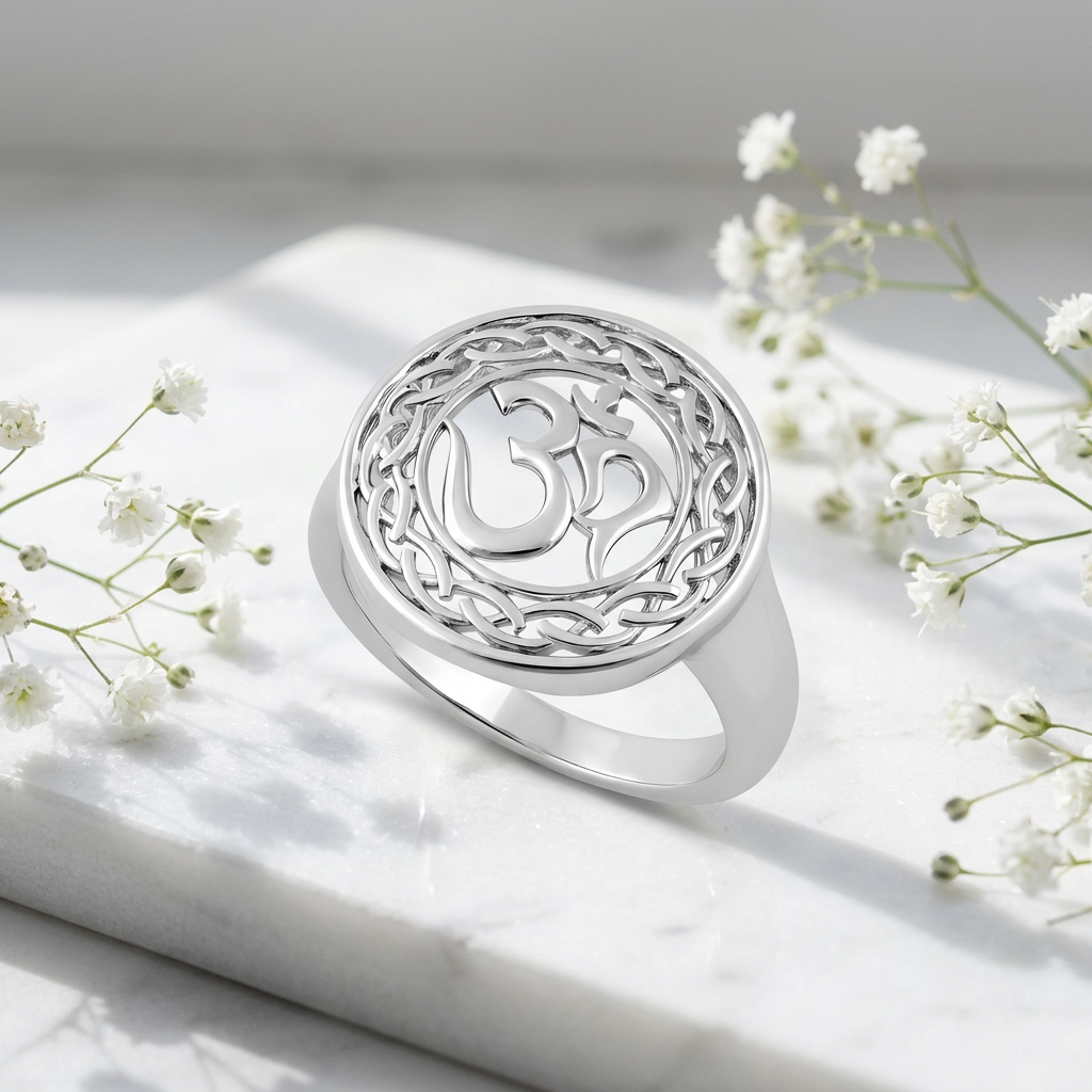 Sterling Silver Om Symbol Celtic Braid Border Round Openwork Ring for Women life1