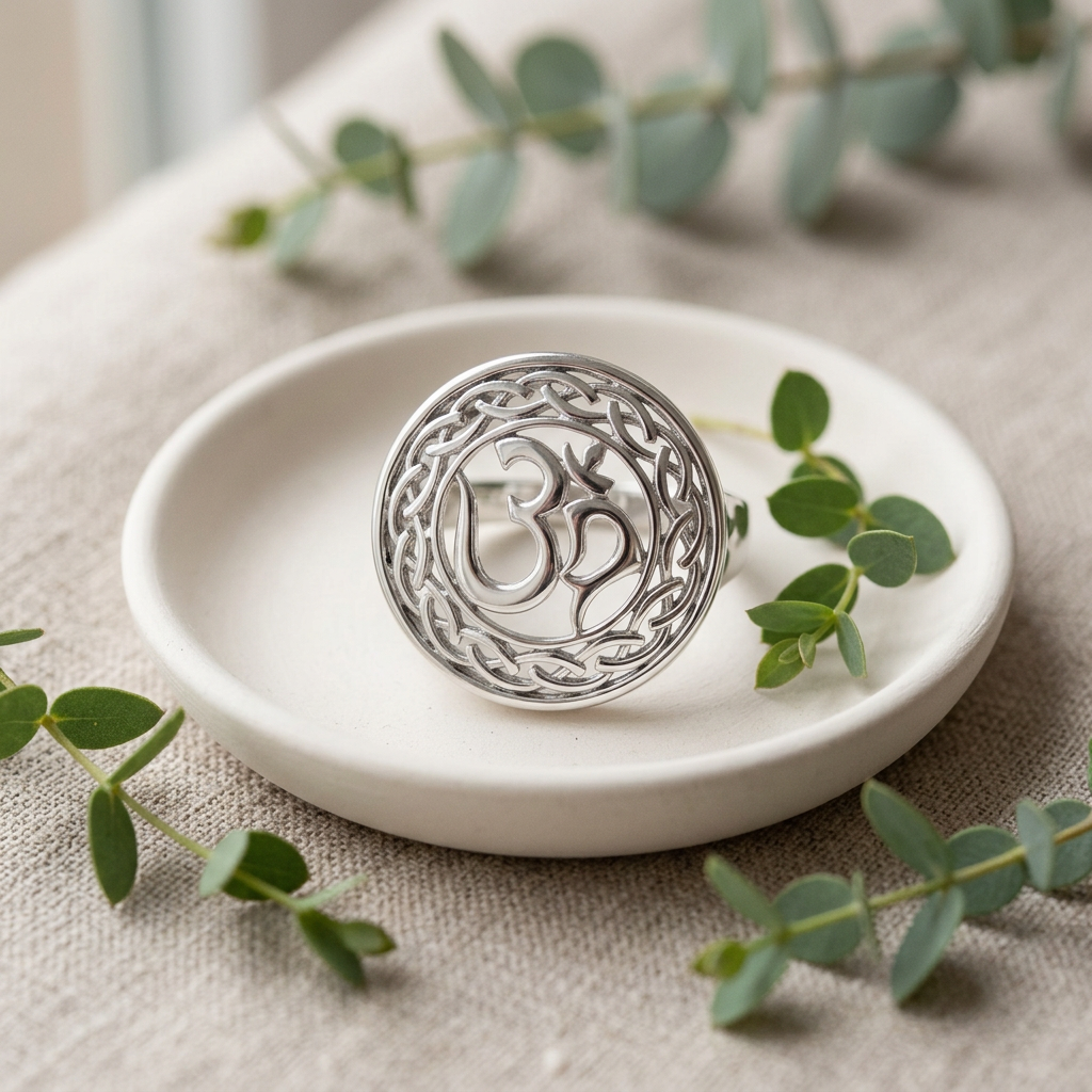Sterling Silver Om Symbol Celtic Braid Border Round Openwork Ring for Women life2
