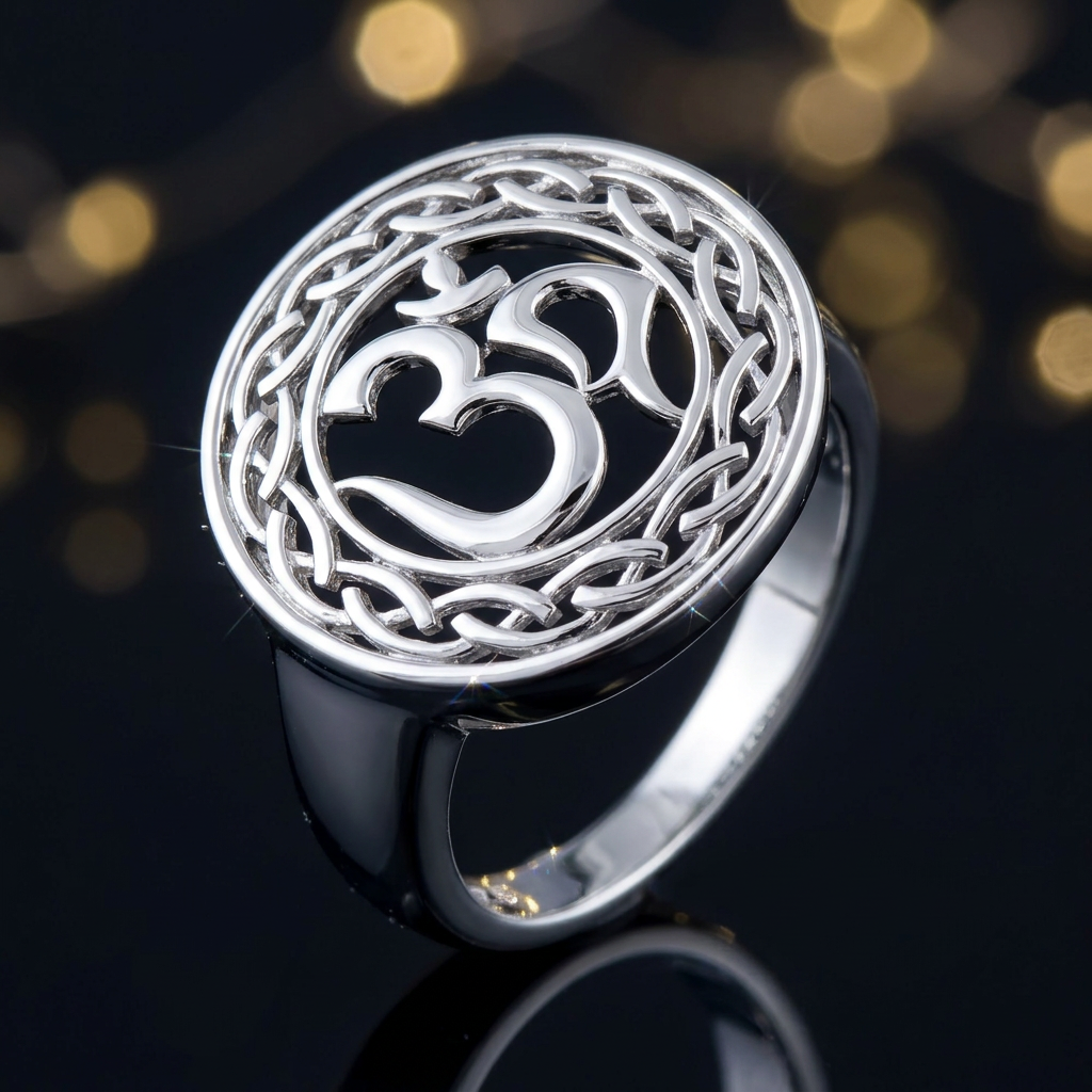Sterling Silver Om Symbol Celtic Braid Border Round Openwork Ring for Women life4