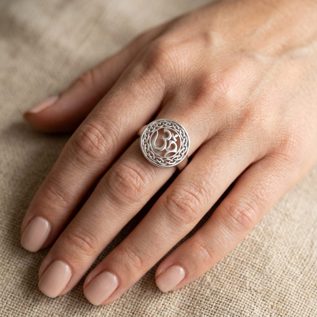 Sterling Silver Om Symbol Celtic Braid Border Round Openwork Ring for Women model
