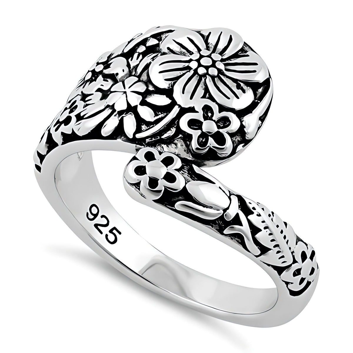 Sterling Silver 5.3mm Oxidized Wildflower Spoon Style Bypass Ring for Women