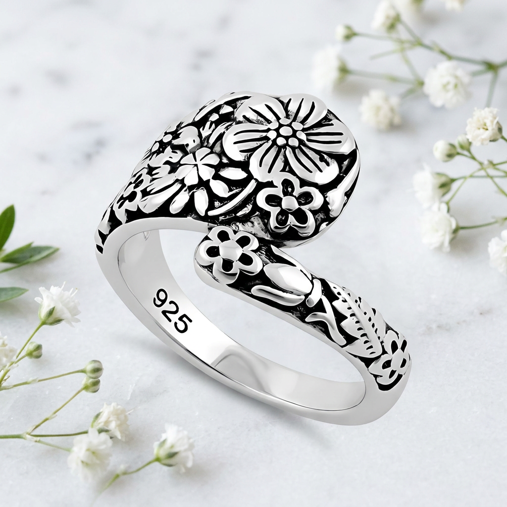 Sterling Silver 5.3mm Oxidized Wildflower Spoon Style Bypass Ring for Women life1