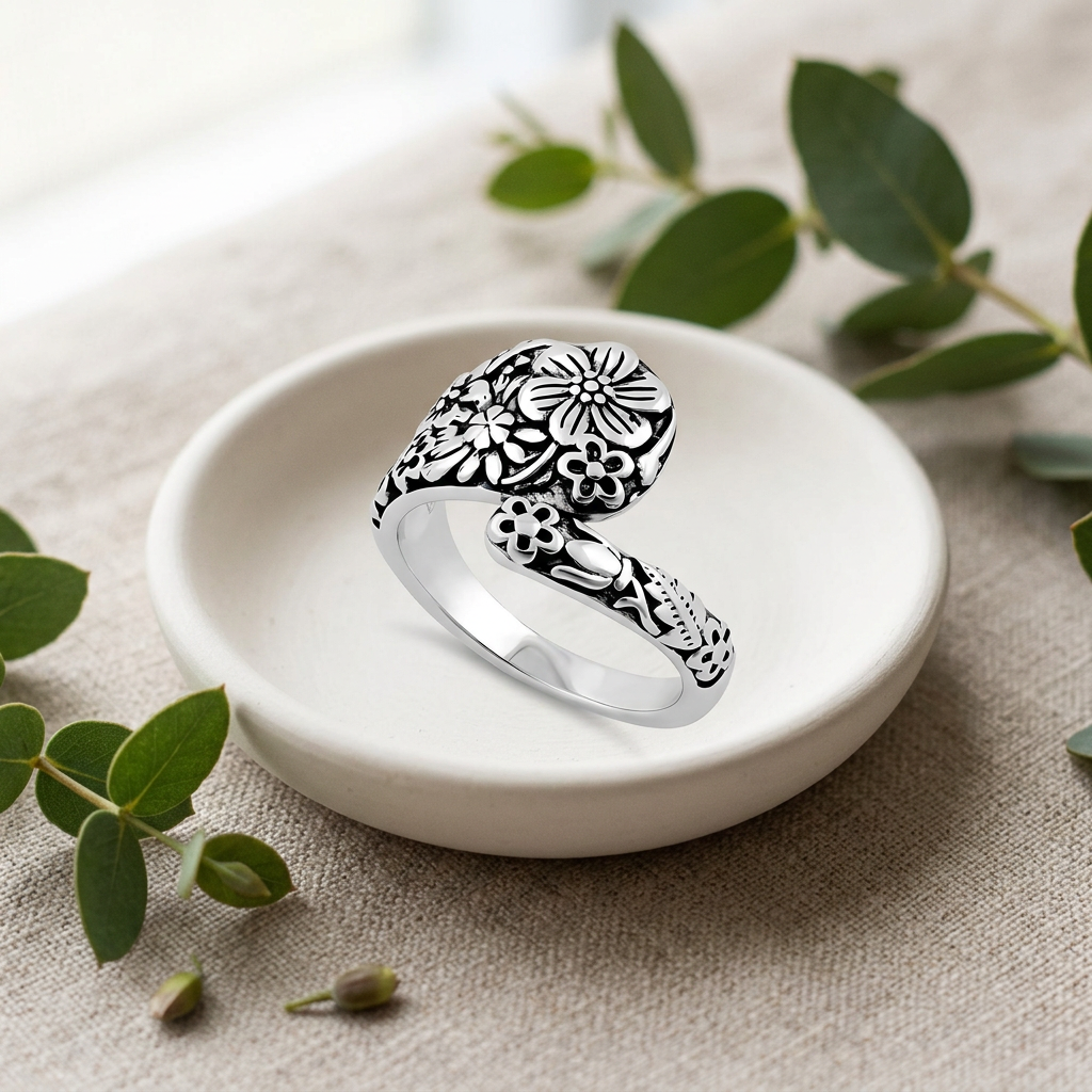 Sterling Silver 5.3mm Oxidized Wildflower Spoon Style Bypass Ring for Women life2
