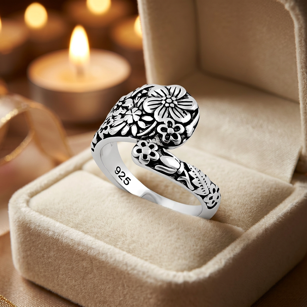 Sterling Silver 5.3mm Oxidized Wildflower Spoon Style Bypass Ring for Women life3