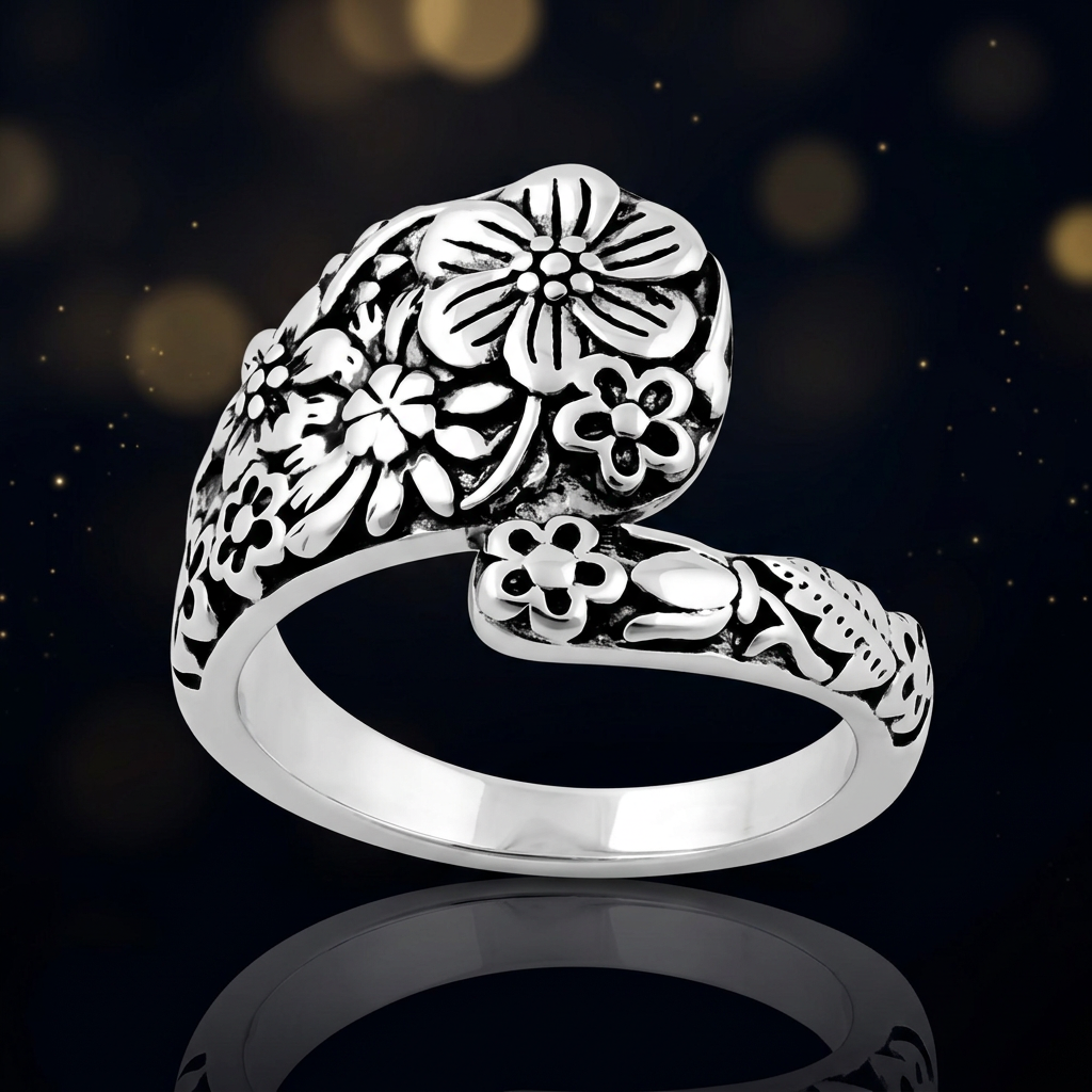 Sterling Silver 5.3mm Oxidized Wildflower Spoon Style Bypass Ring for Women life4