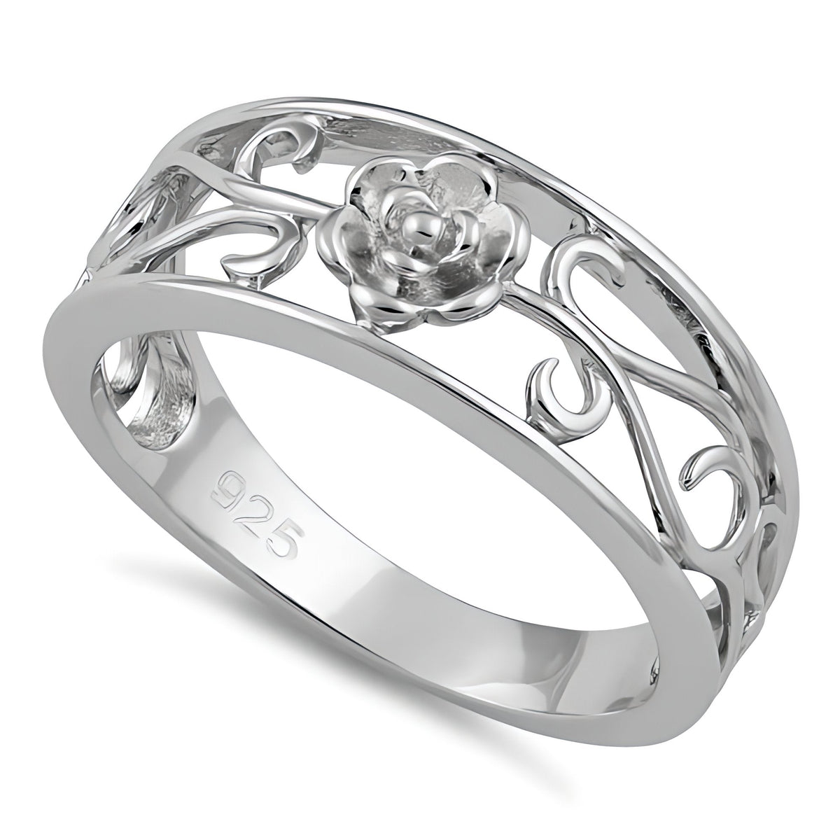 Sterling Silver Tiny Rose Flower Filigree Vine Tapered Band Ring for Women