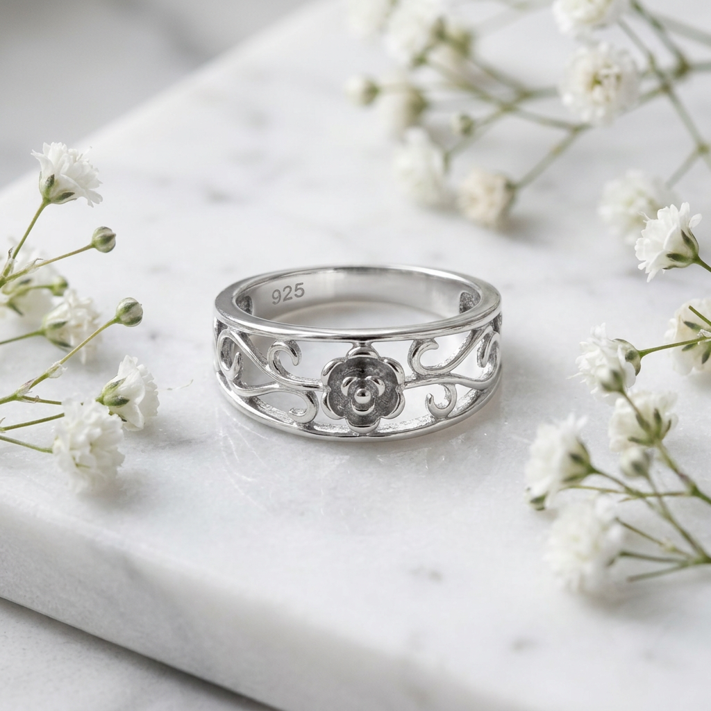Sterling Silver Tiny Rose Flower Filigree Vine Tapered Band Ring for Women life1