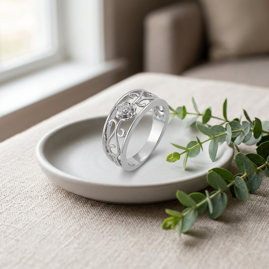 Sterling Silver Tiny Rose Flower Filigree Vine Tapered Band Ring for Women life2