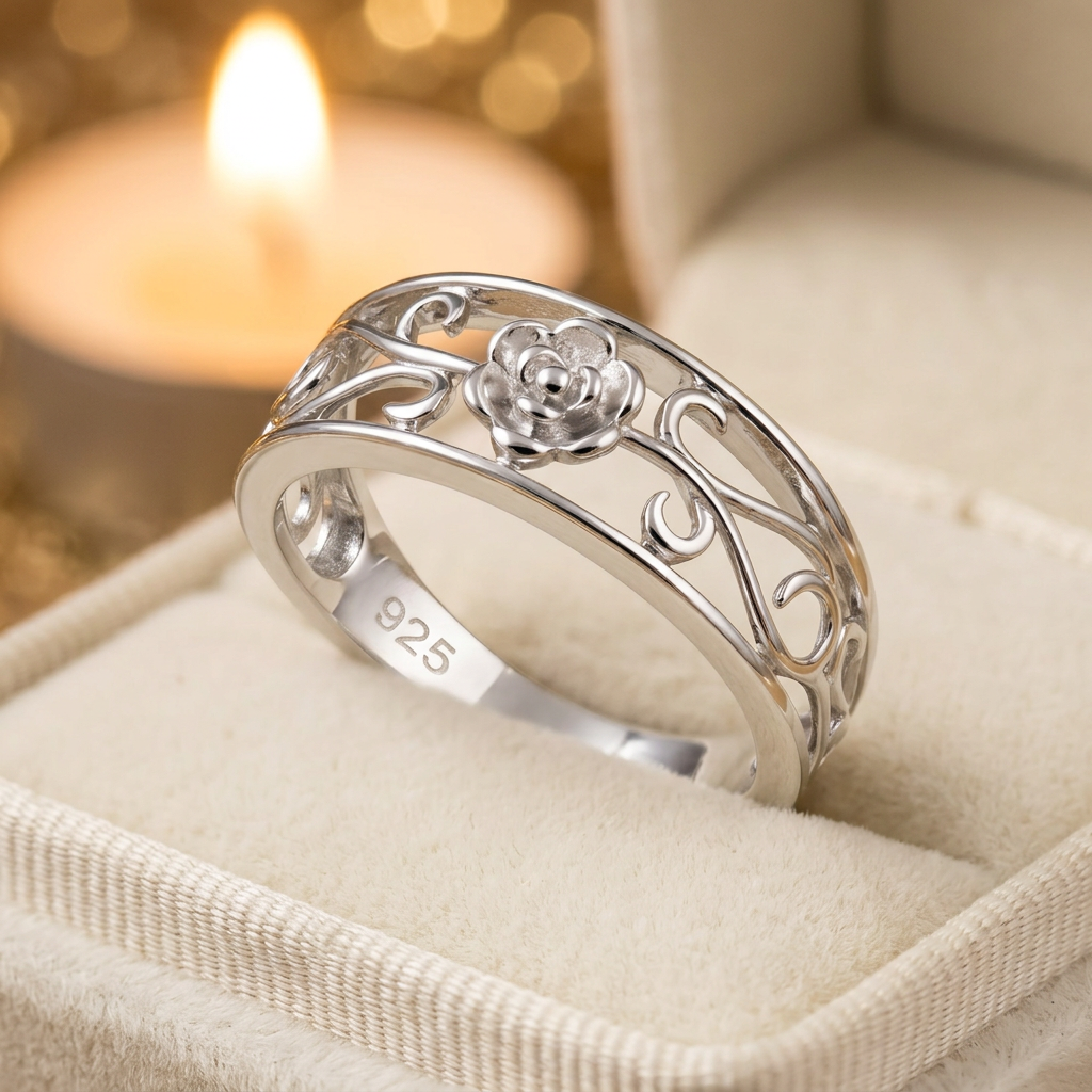 Sterling Silver Tiny Rose Flower Filigree Vine Tapered Band Ring for Women life3