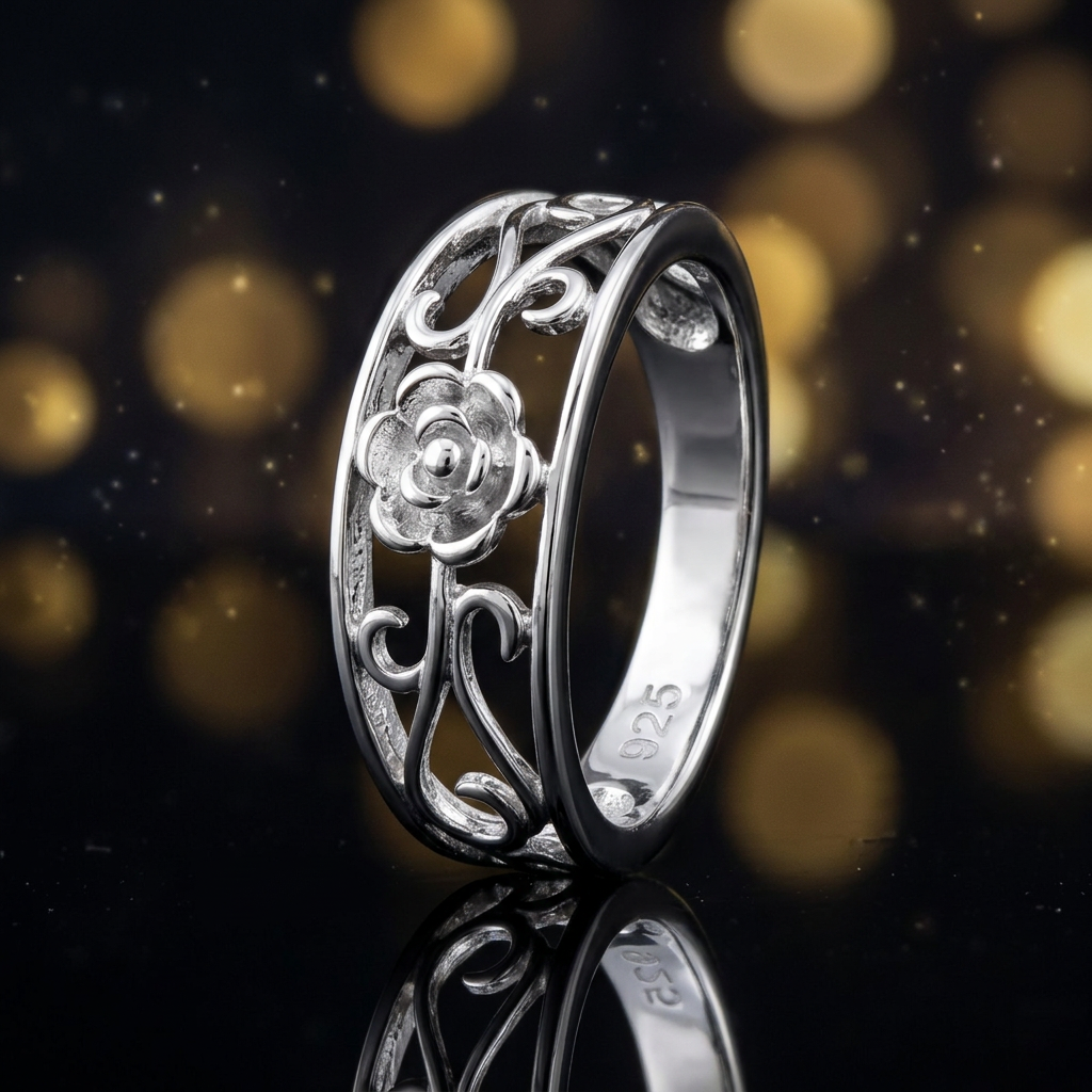 Sterling Silver Tiny Rose Flower Filigree Vine Tapered Band Ring for Women life4