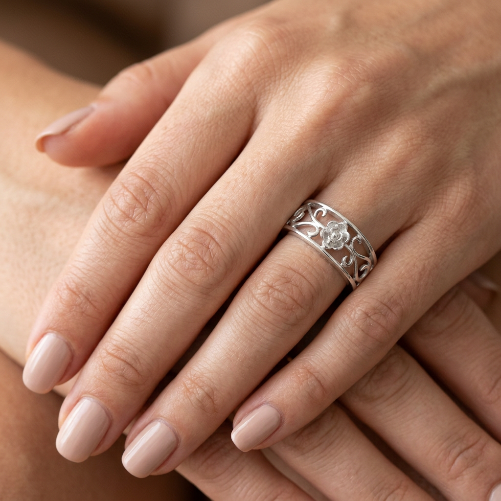Sterling Silver Tiny Rose Flower Filigree Vine Tapered Band Ring for Women model