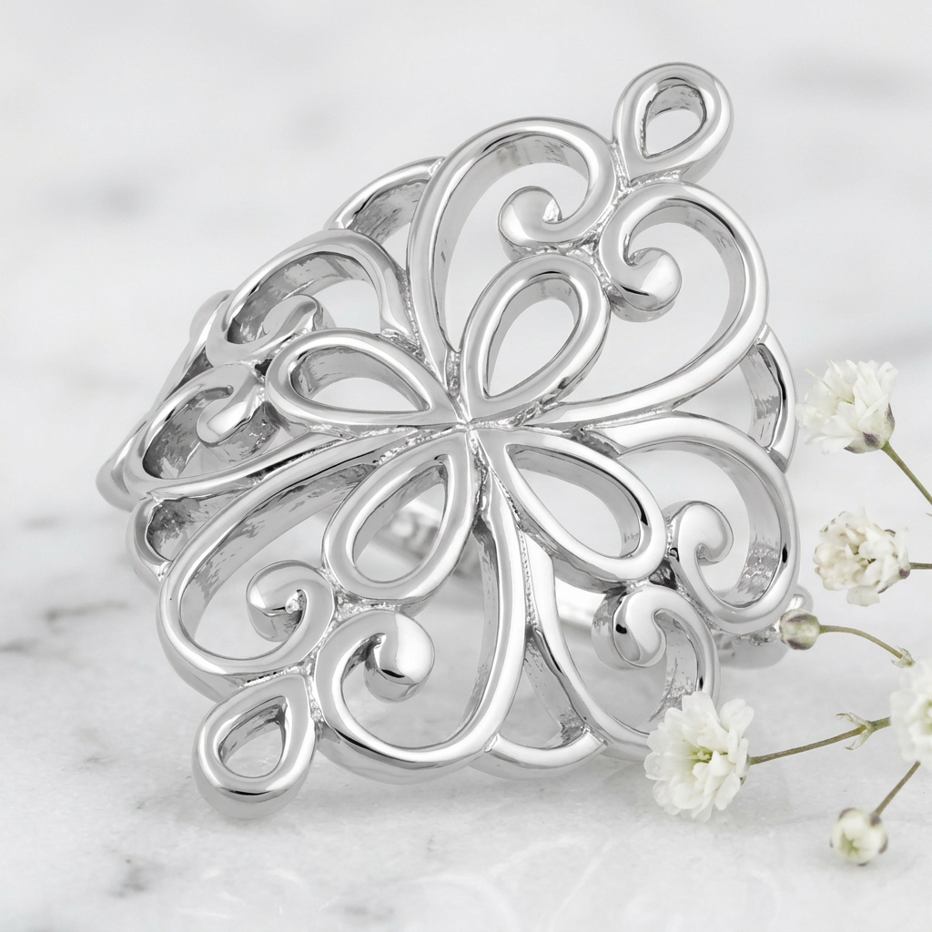 Sterling Silver Openwork Flower Swirl Statement Ring for Women life1