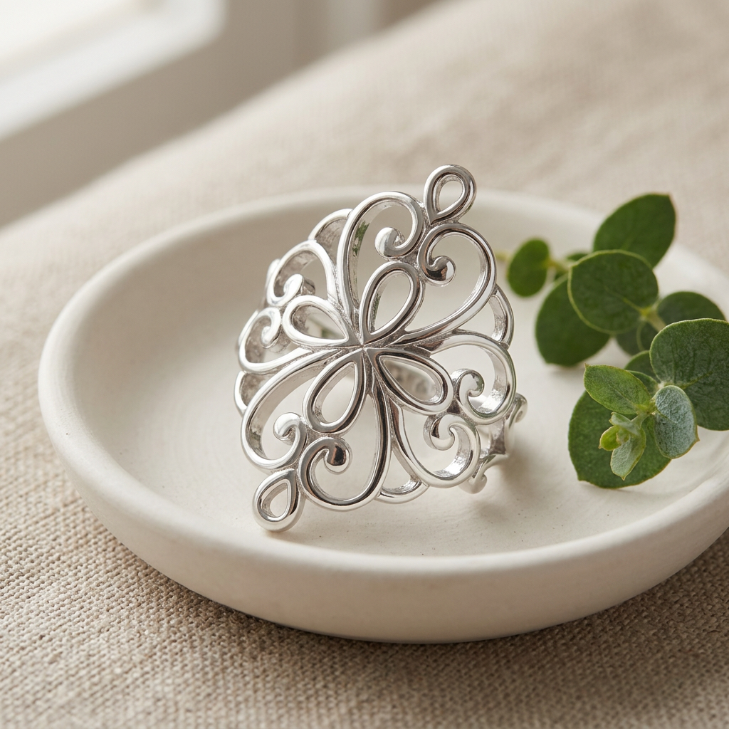 Sterling Silver Openwork Flower Swirl Statement Ring for Women life2
