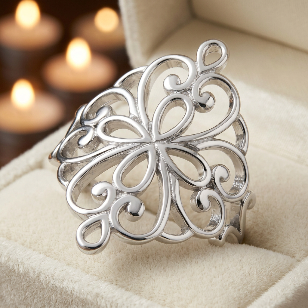 Sterling Silver Openwork Flower Swirl Statement Ring for Women life3