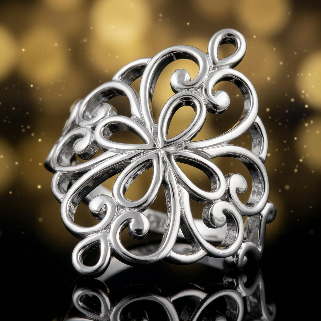 Sterling Silver Openwork Flower Swirl Statement Ring for Women life4