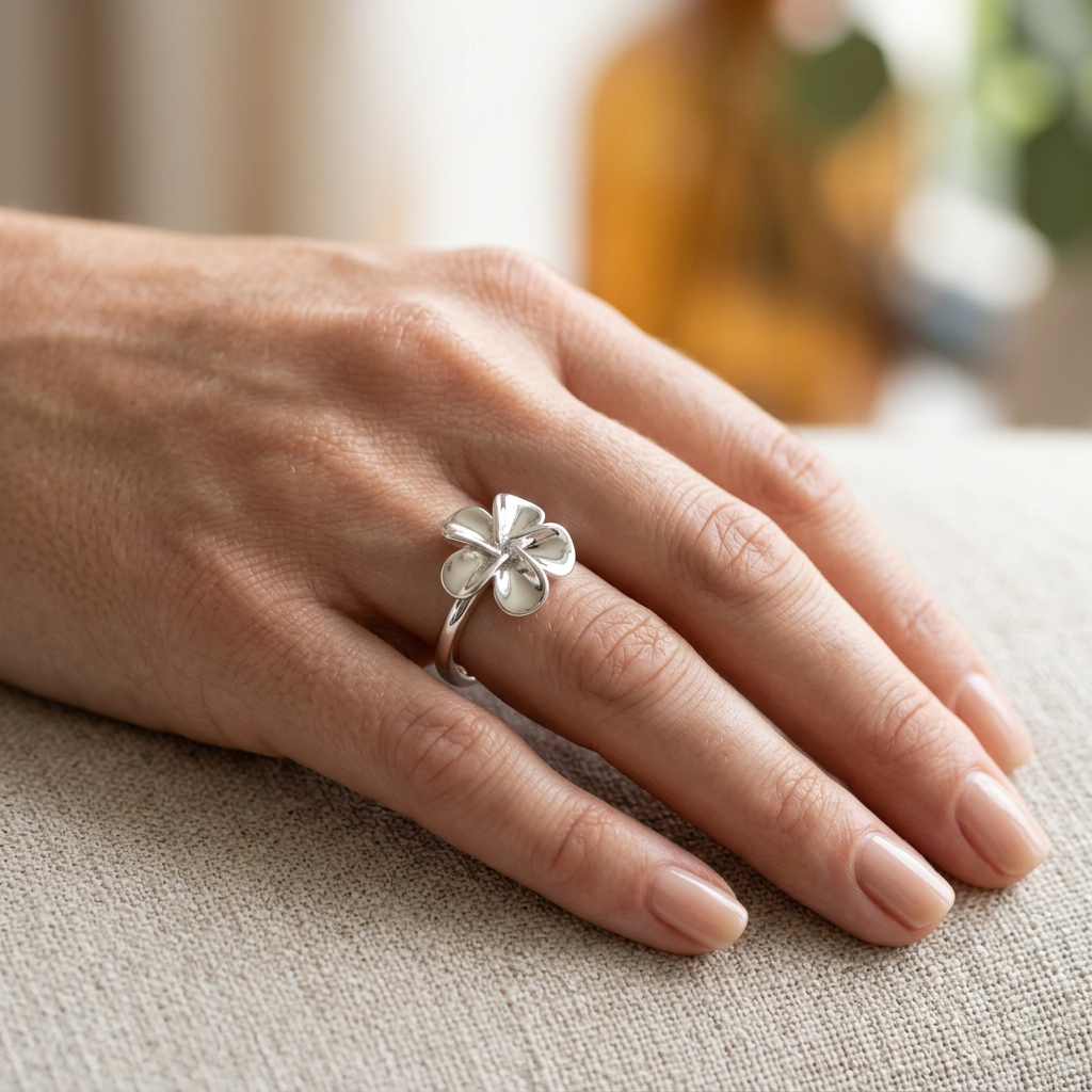 Sterling Silver Plumeria Flower Ring for Women, Polished Petals model