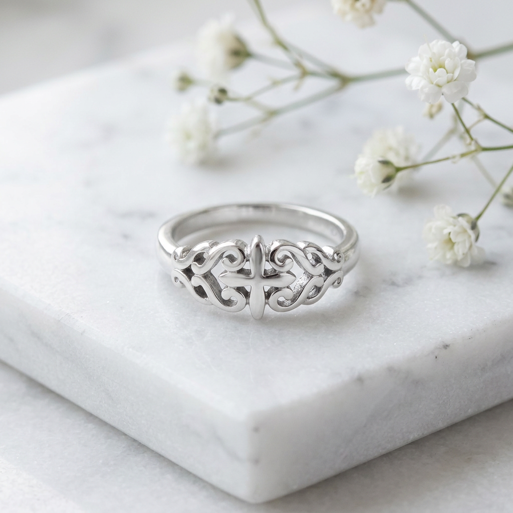 Sterling Silver Filigree Vine Scroll Cross Faith Ring for Women life1
