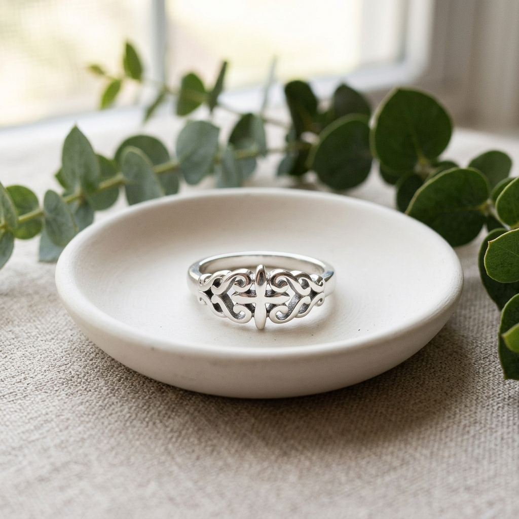 Sterling Silver Filigree Vine Scroll Cross Faith Ring for Women life2
