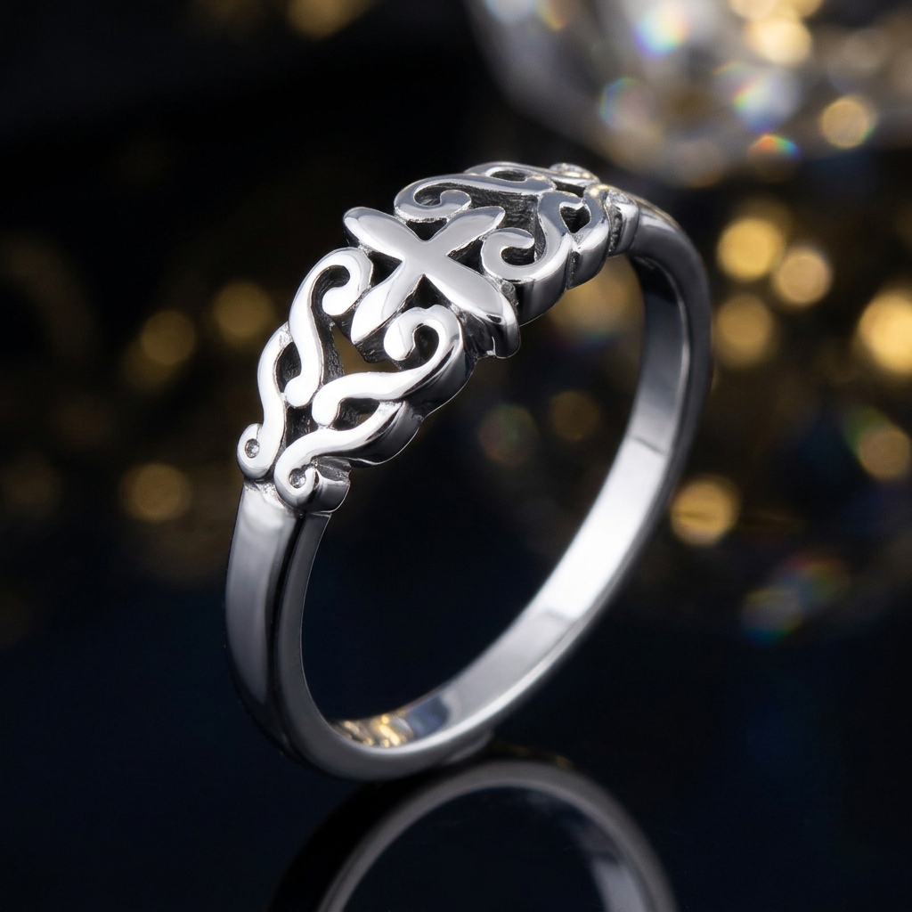 Sterling Silver Filigree Vine Scroll Cross Faith Ring for Women life4