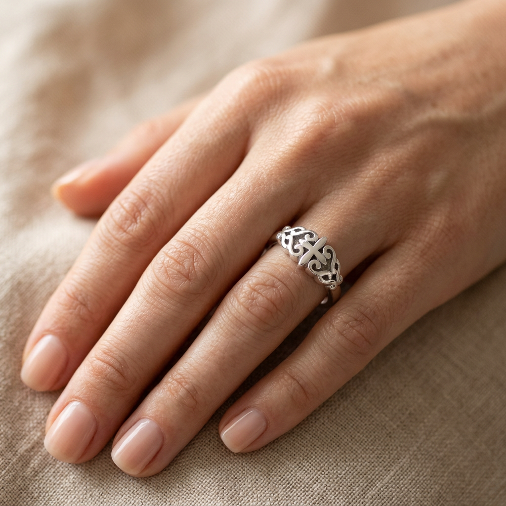 Sterling Silver Filigree Vine Scroll Cross Faith Ring for Women model