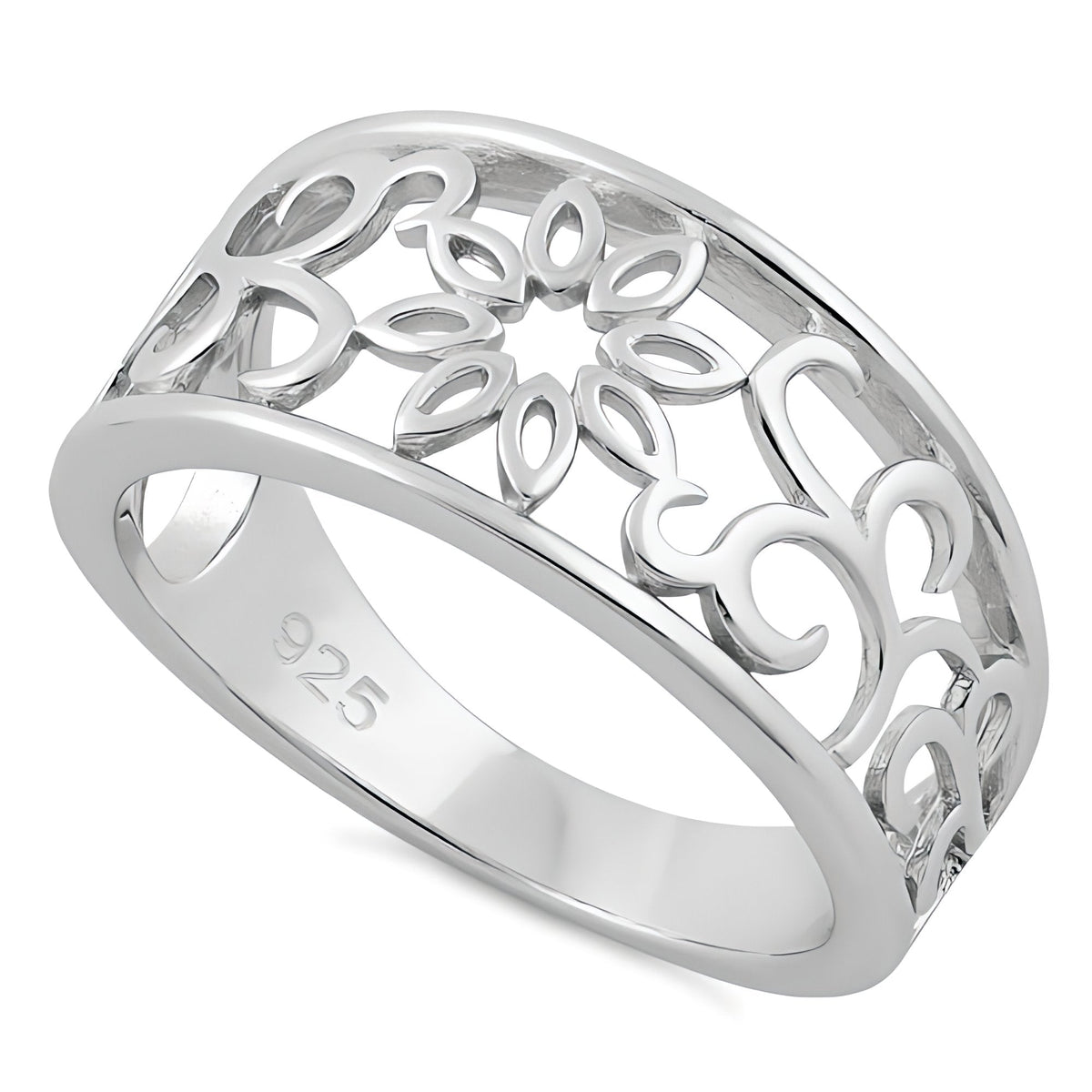 Sterling Silver 4.4mm Filigree Flower and Scroll Vine Cigar Band Ring for Women