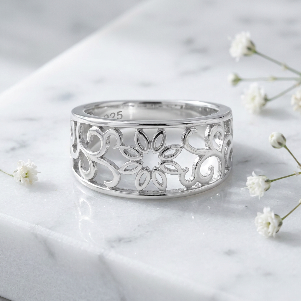 Sterling Silver 4.4mm Filigree Flower and Scroll Vine Cigar Band Ring for Women life1
