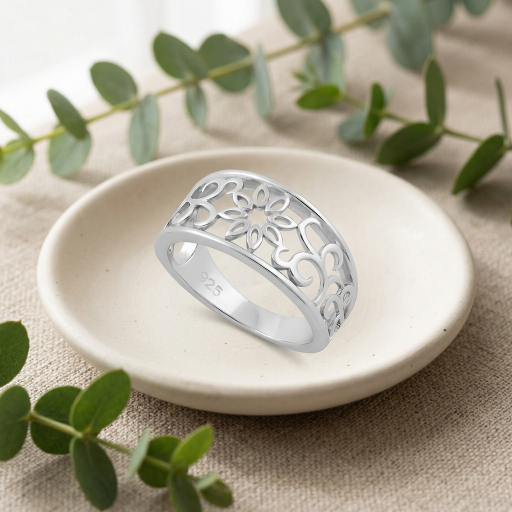 Sterling Silver 4.4mm Filigree Flower and Scroll Vine Cigar Band Ring for Women life2