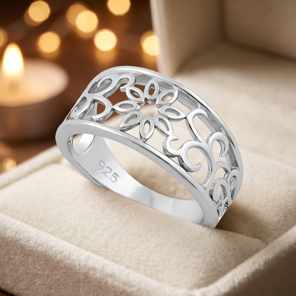 Sterling Silver 4.4mm Filigree Flower and Scroll Vine Cigar Band Ring for Women life3