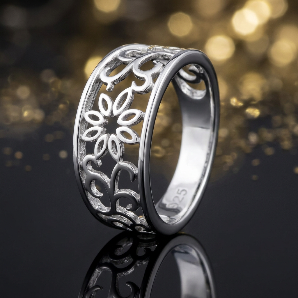 Sterling Silver 4.4mm Filigree Flower and Scroll Vine Cigar Band Ring for Women life4