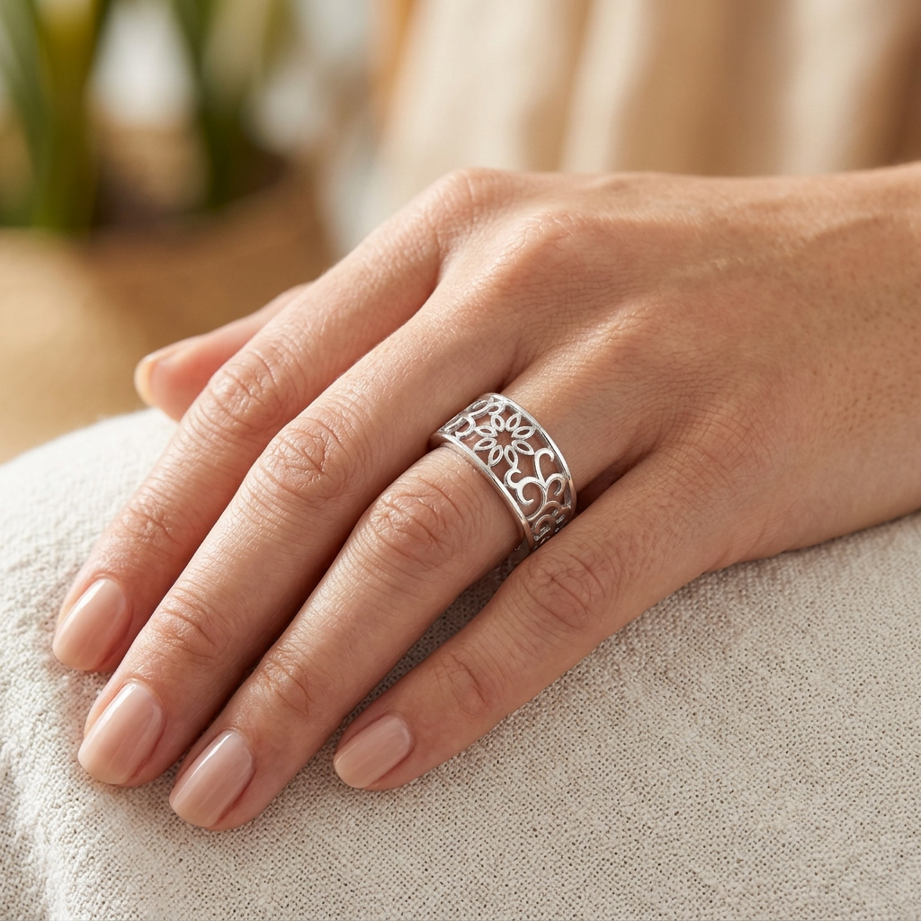 Sterling Silver 4.4mm Filigree Flower and Scroll Vine Cigar Band Ring for Women model