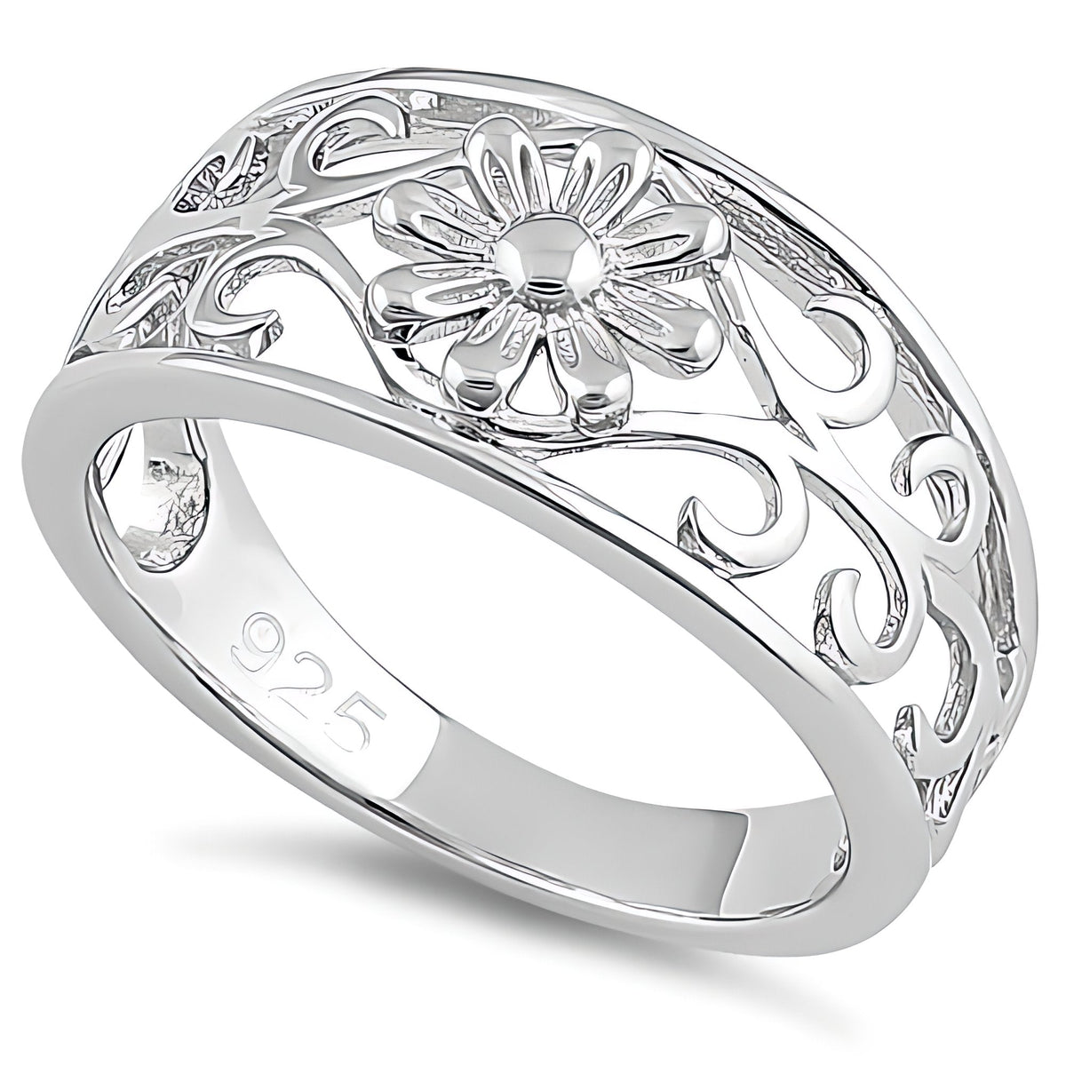 Sterling Silver 4.5mm Daisy Flower and Scroll Vine Filigree Band Ring for Women