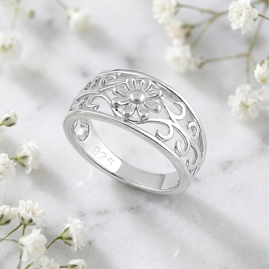 Sterling Silver 4.5mm Daisy Flower and Scroll Vine Filigree Band Ring for Women life1