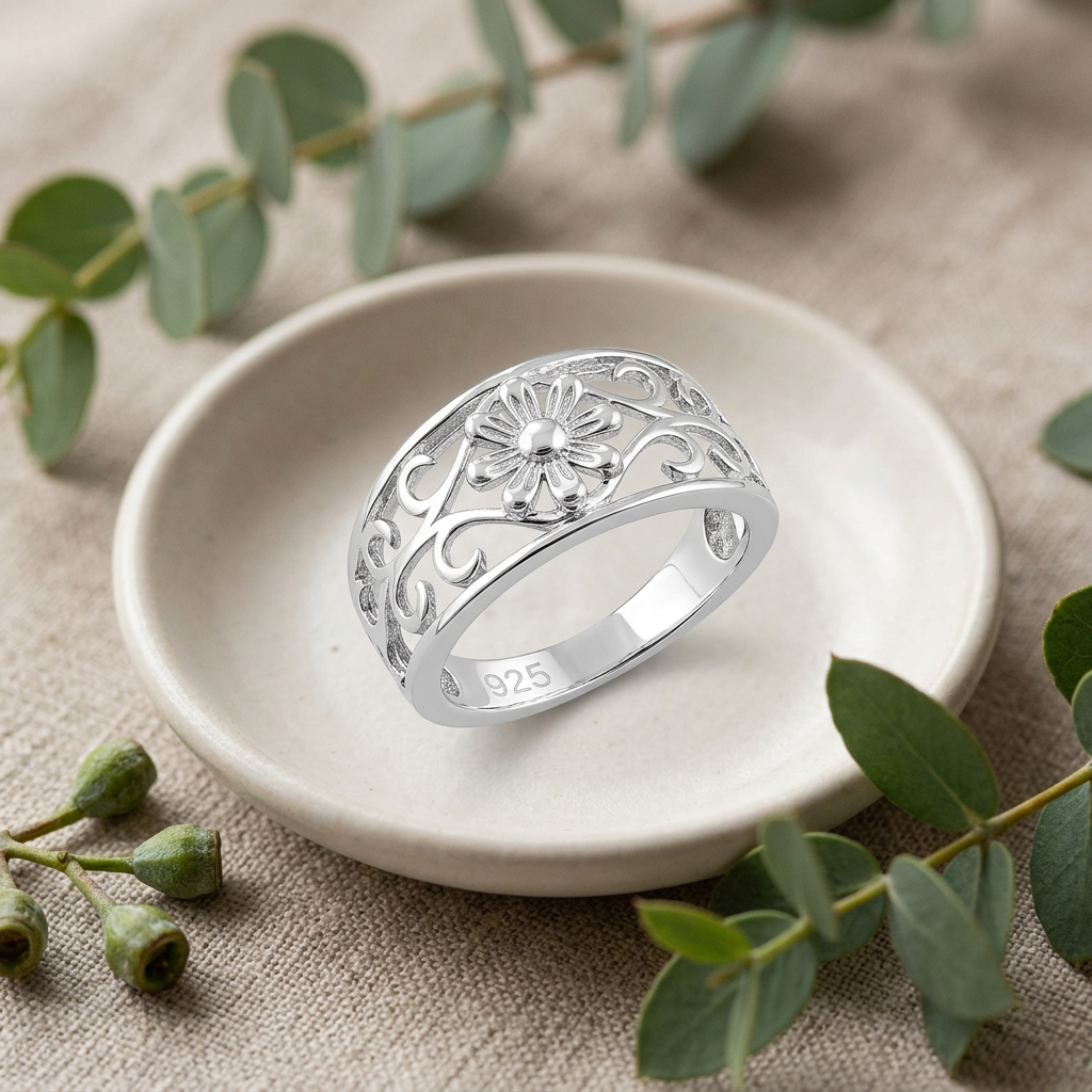 Sterling Silver 4.5mm Daisy Flower and Scroll Vine Filigree Band Ring for Women life2