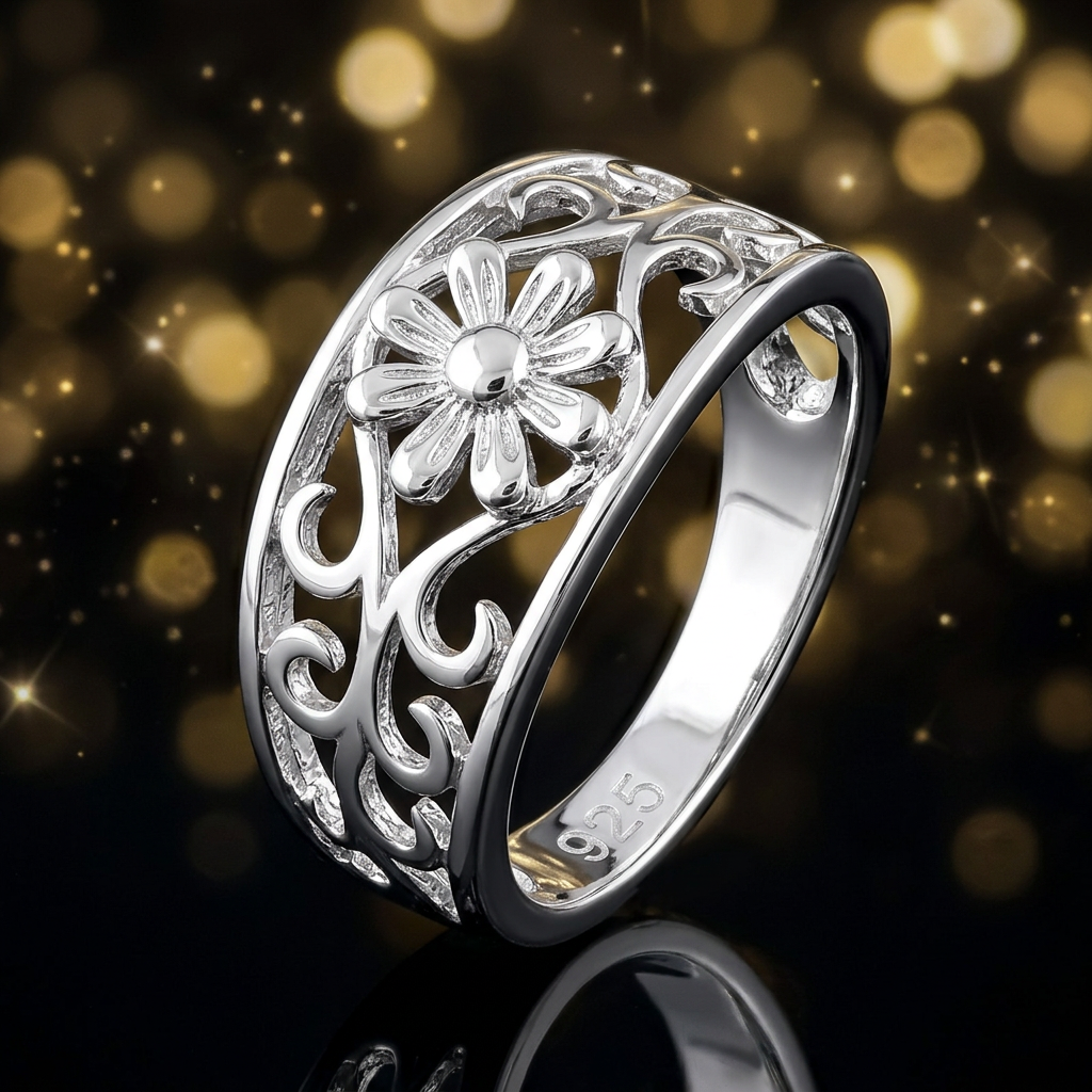 Sterling Silver 4.5mm Daisy Flower and Scroll Vine Filigree Band Ring for Women life4