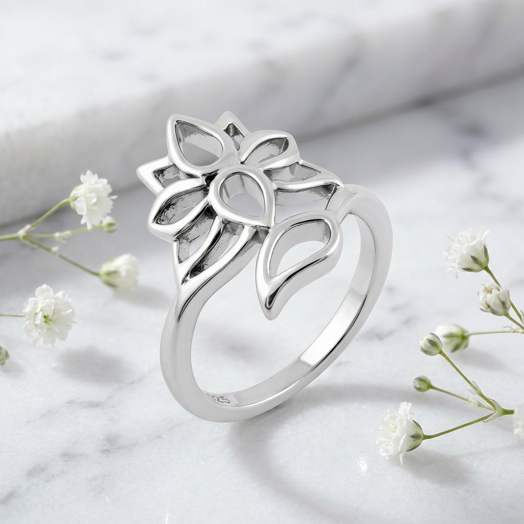 Sterling Silver Openwork Lotus Flower Ring for Women life1