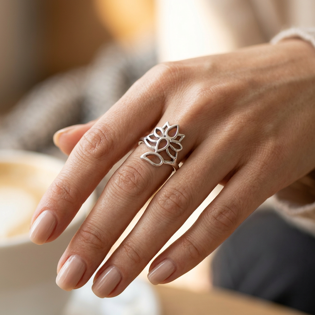 Sterling Silver Openwork Lotus Flower Ring for Women model