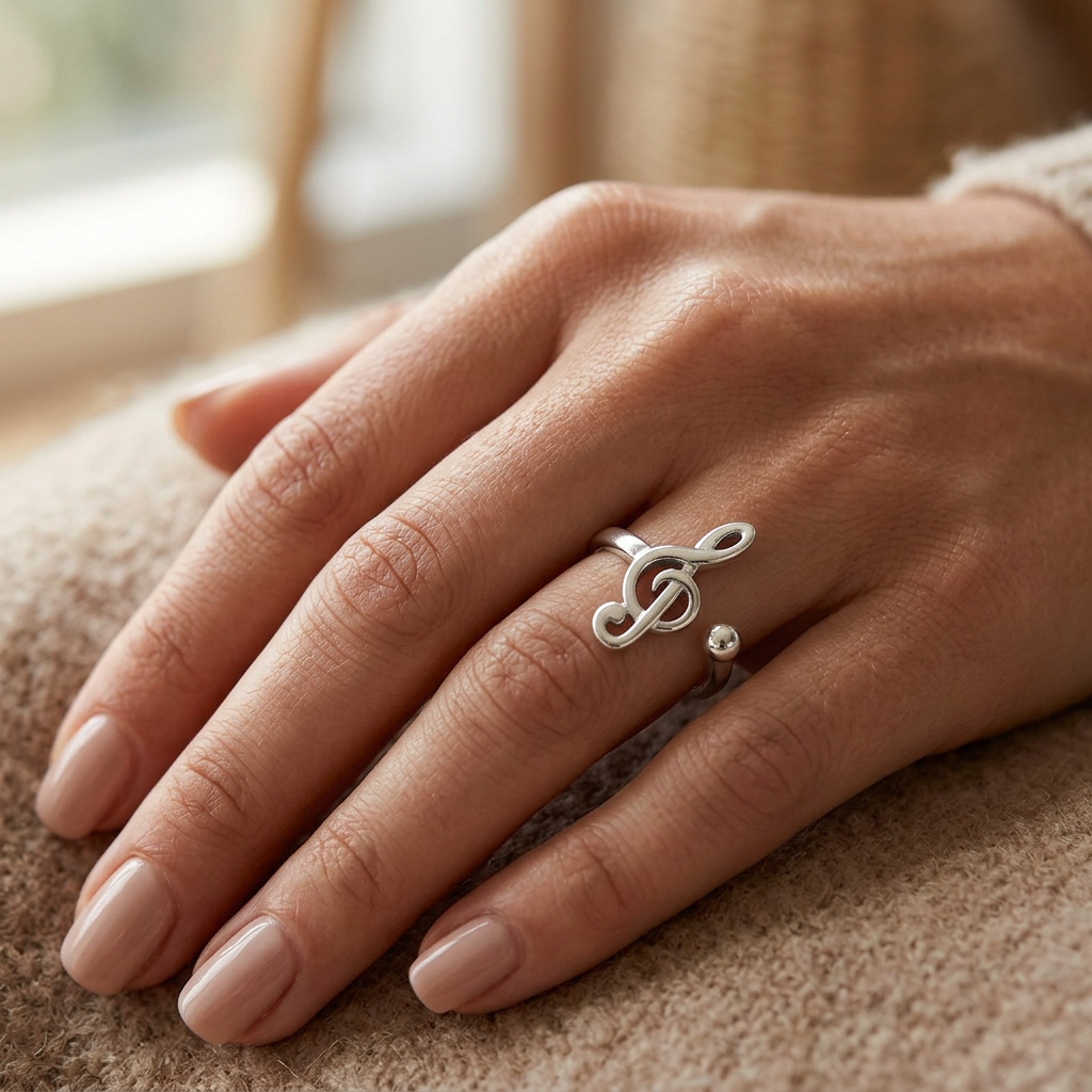 Sterling Silver Treble Clef Adjustable Open Music Ring for Women model