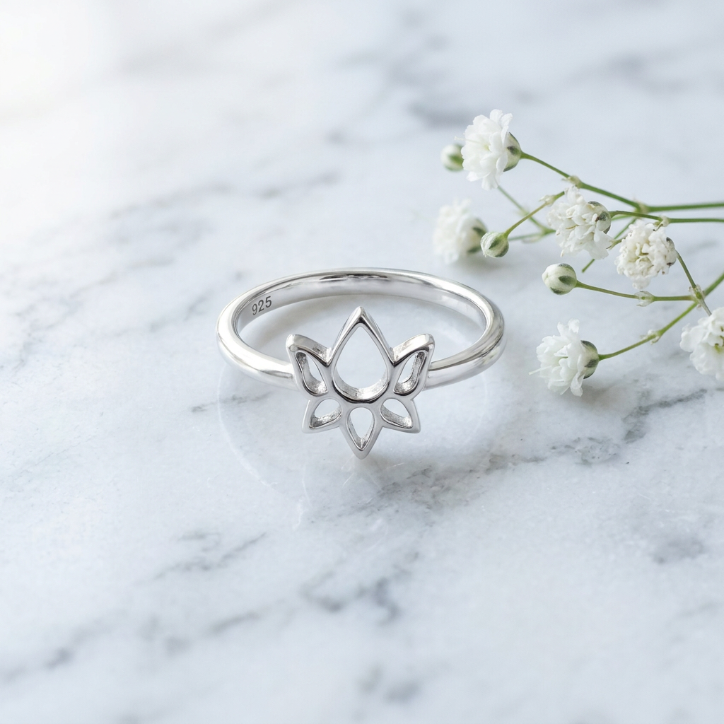Sterling Silver Open Outline Lotus Flower Yoga Ring for Women, 1.6mm Band life1