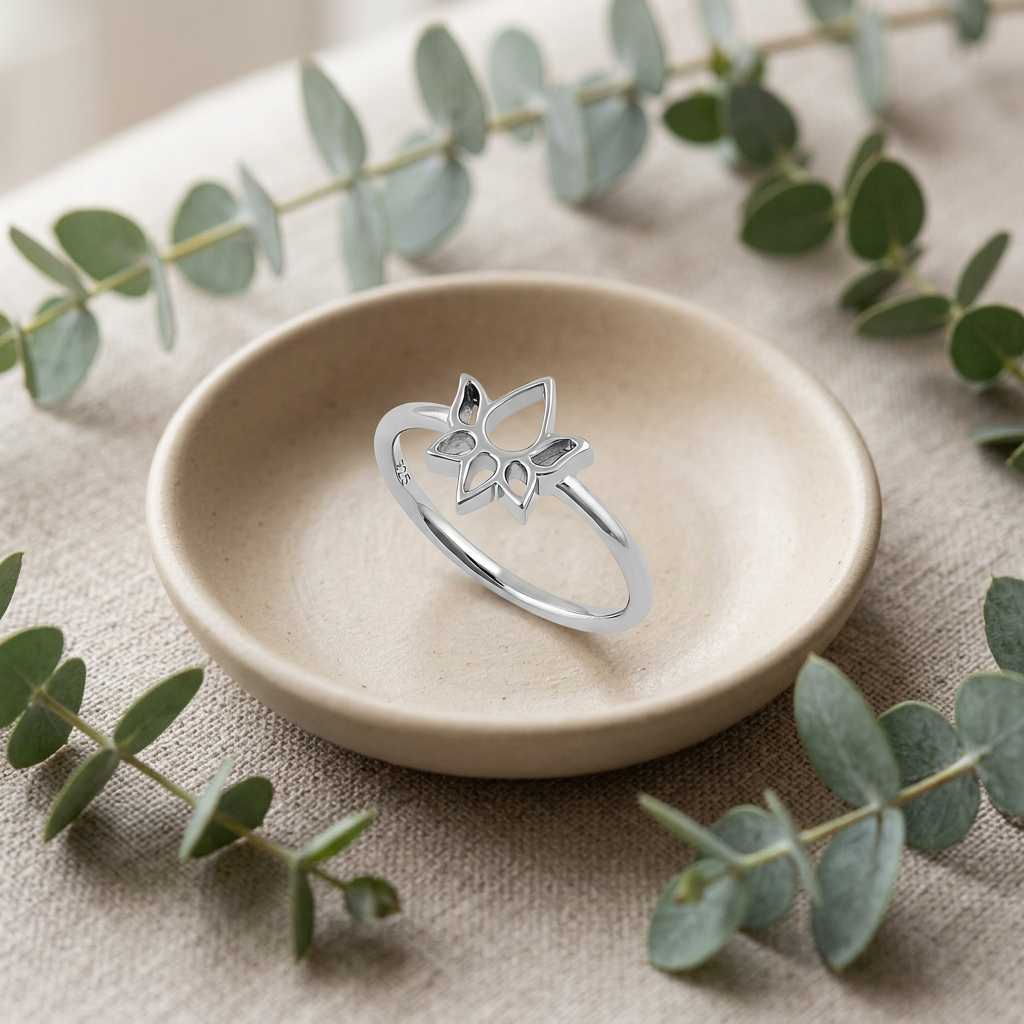 Sterling Silver Open Outline Lotus Flower Yoga Ring for Women, 1.6mm Band life2