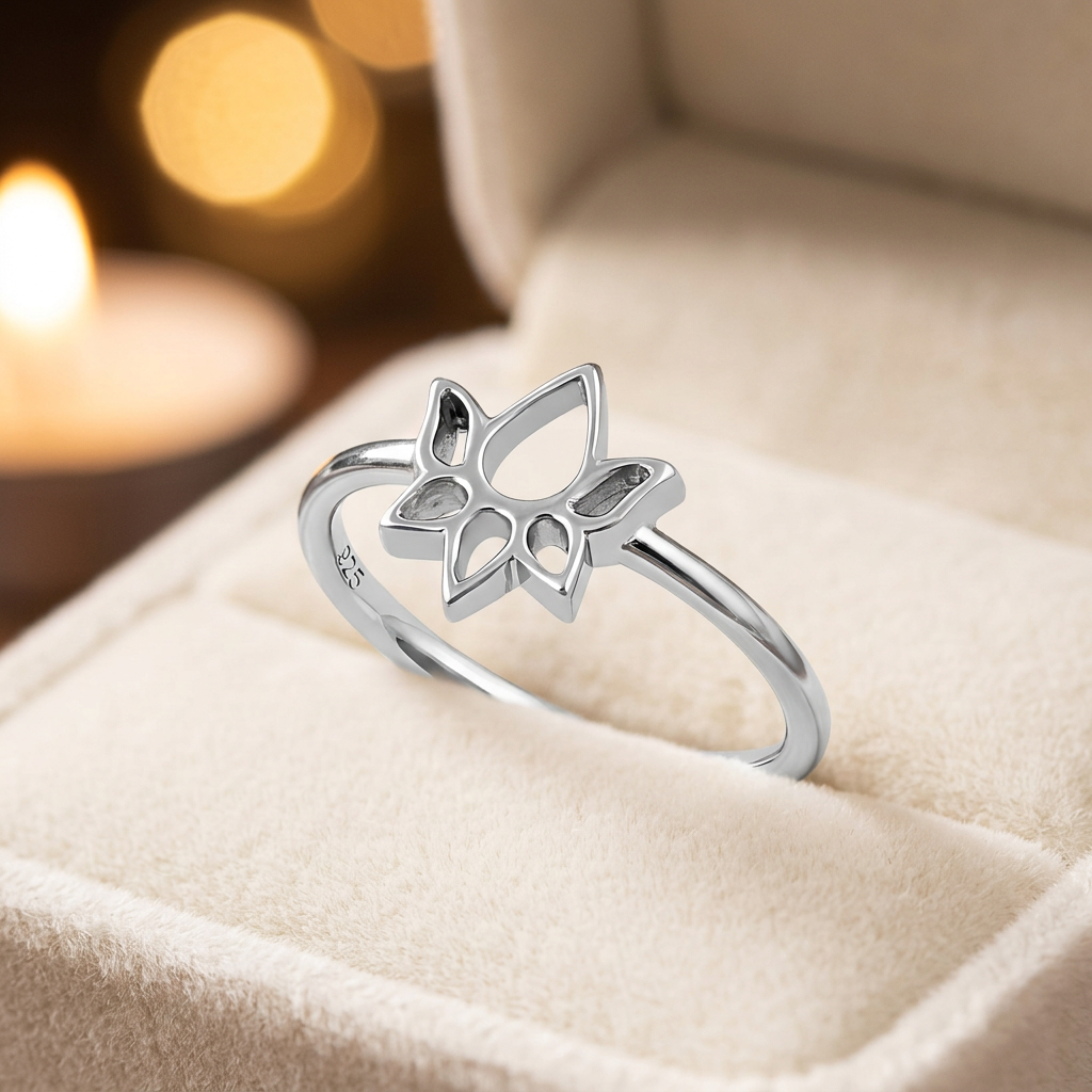 Sterling Silver Open Outline Lotus Flower Yoga Ring for Women, 1.6mm Band life3