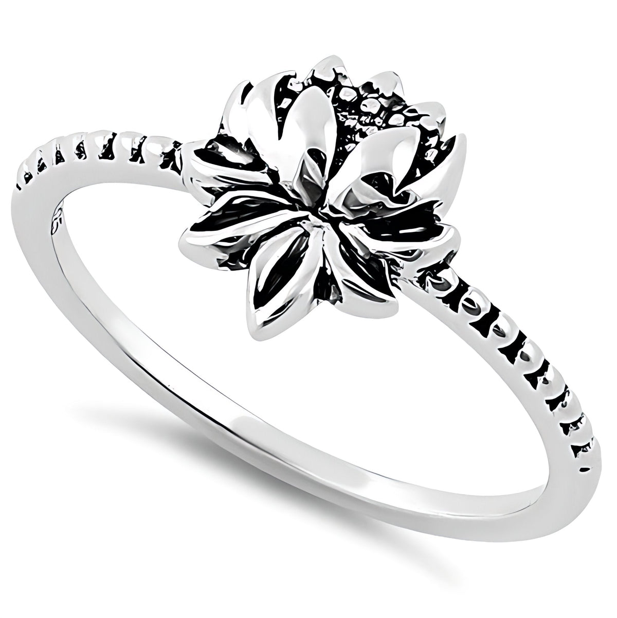 Sterling Silver Oxidized Lotus Flower Beaded Thin Band Ring for Women