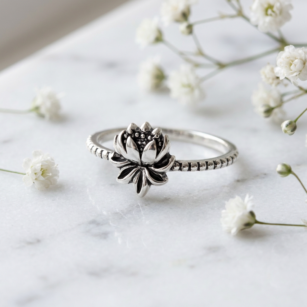 Sterling Silver Oxidized Lotus Flower Beaded Thin Band Ring for Women life1