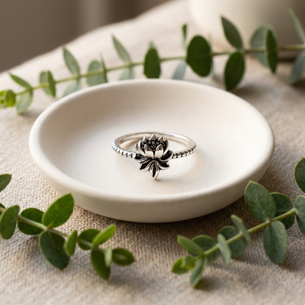 Sterling Silver Oxidized Lotus Flower Beaded Thin Band Ring for Women life2