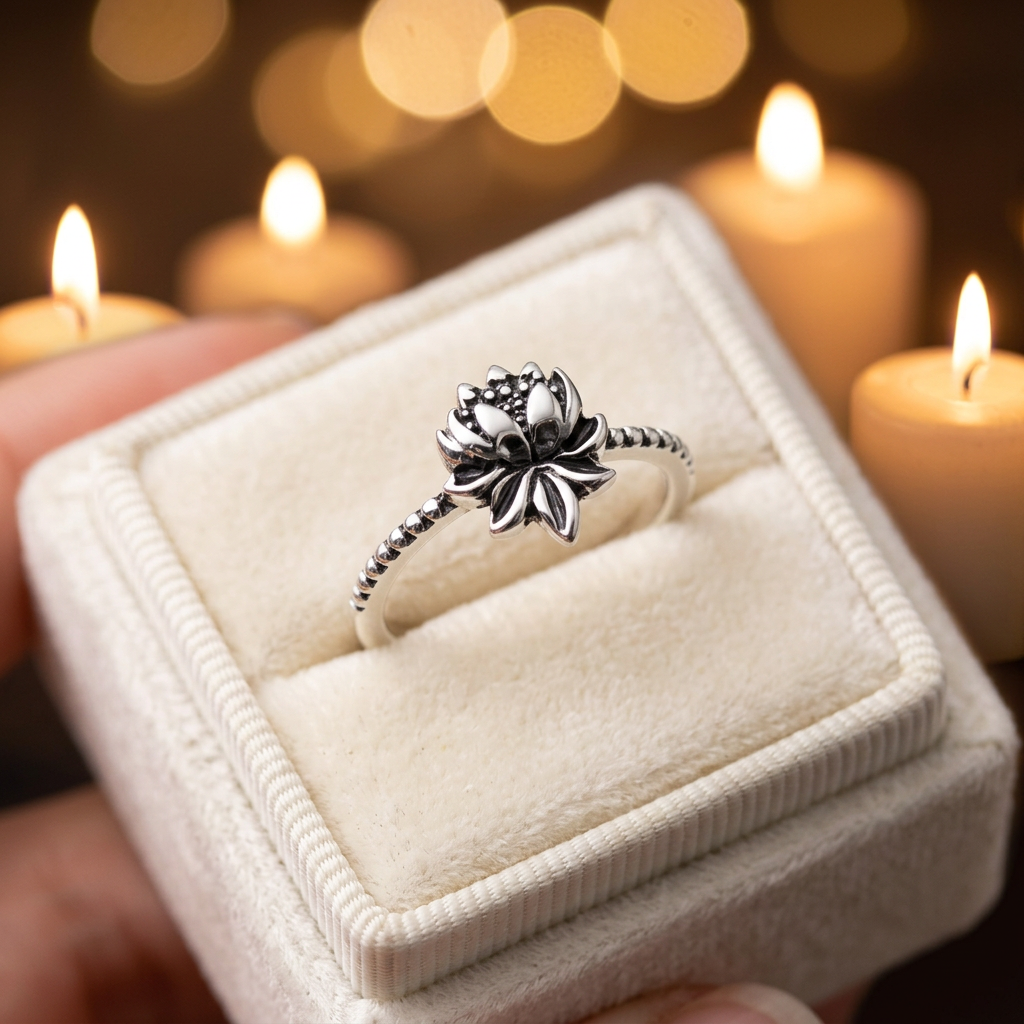 Sterling Silver Oxidized Lotus Flower Beaded Thin Band Ring for Women life3